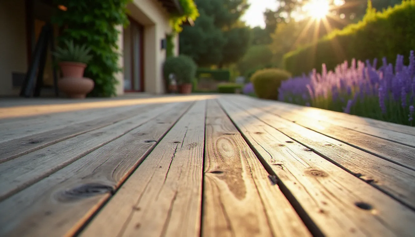 Terrasse en Mélèze naturellement classe 3 vieillie avec patine grise argentée, entourée d'un jardin méditerranéen en Hérault