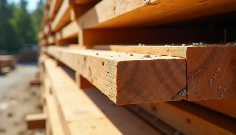 Planches de Douglas duramen empilées sur un chantier, montrant le contraste entre le bois de cœur brun-rosé naturellement classe 3 et l'aubier clair