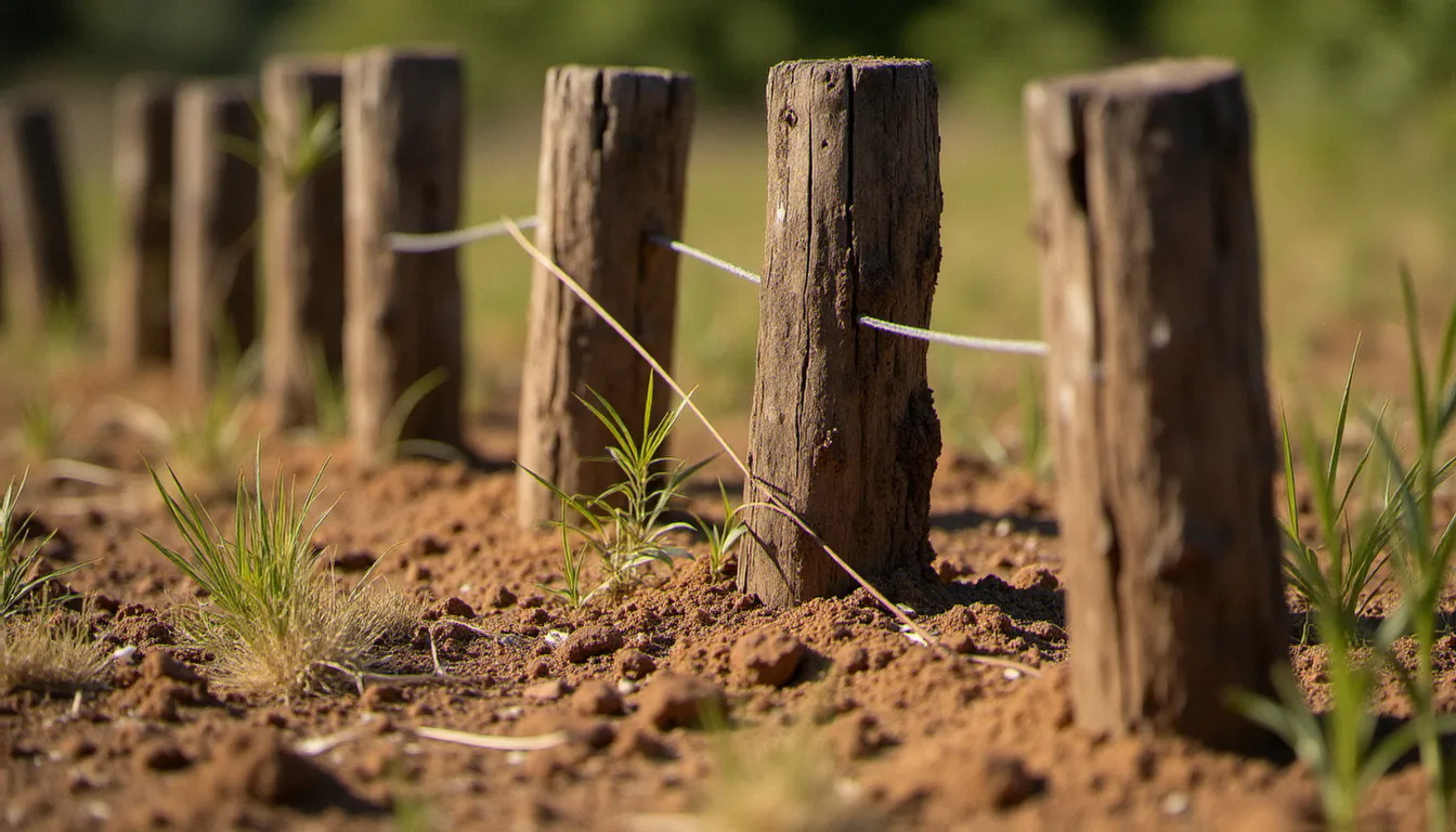 Poteaux de clôture en châtaignier enterrés dans un jardin méditerranéen, illustration d'un bois naturellement durable en contact avec le sol