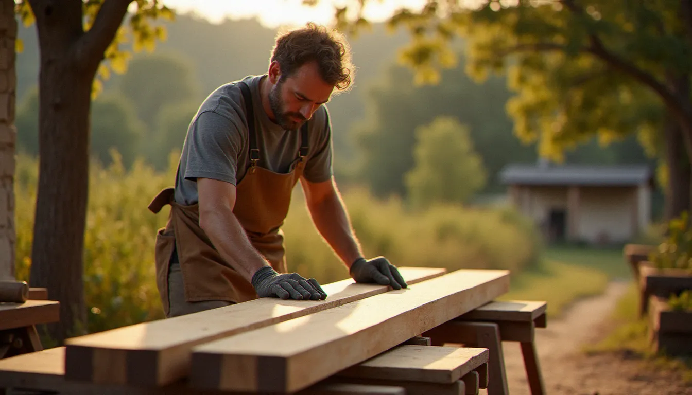 Artisan découpant une planche de robinier sur un chantier extérieur, démontrant la mise en œuvre correcte d'un bois naturellement classe 4