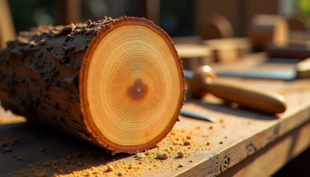 Section transversale de robinier faux-acacia montrant le duramen brun-vert caractéristique d'un bois naturellement classe 4, posé sur un établi d'artisan