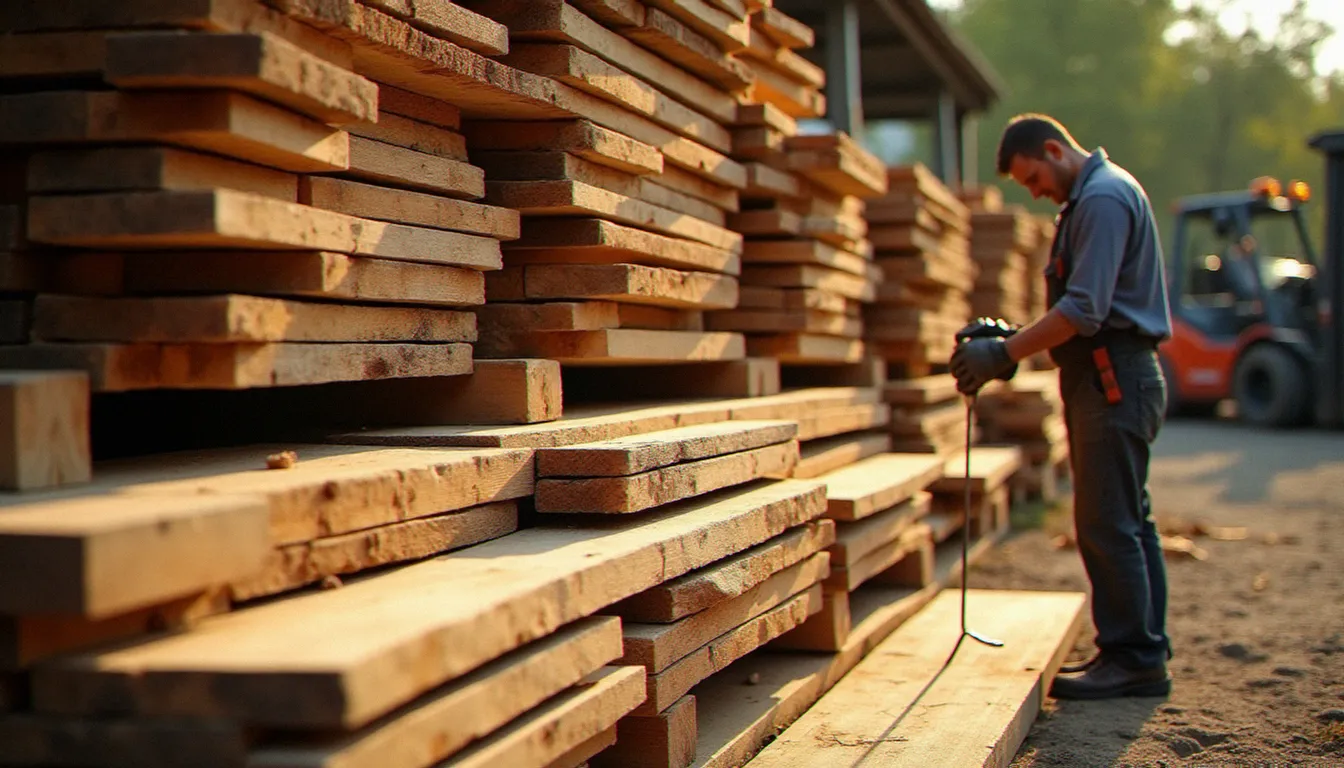 Dépôt de bois extérieur avec stacks de résineux et feuillus organisés par essence, illustrant le marché du bois prix en France en 2026