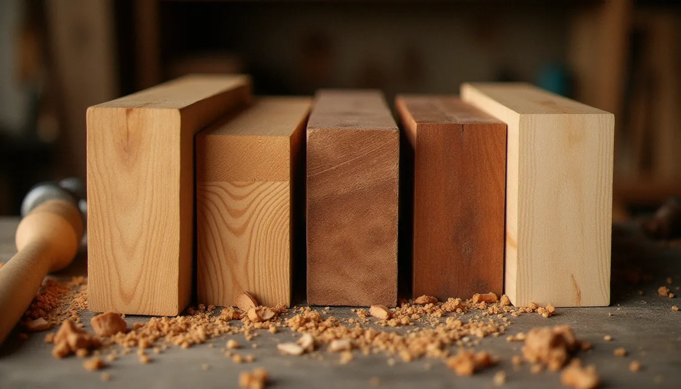 Comparaison côte à côte d'échantillons de cinq essences de bois différentes posés sur un établi d'artisan, pour illustrer les choix possibles selon le budget bois prix
