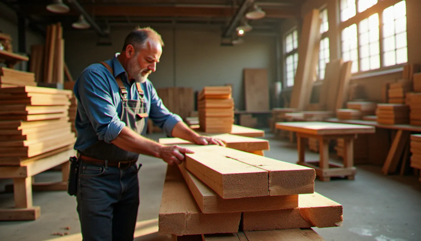 Artisan bois inspectant des planches de différentes essences empilées dans un atelier professionnel, illustrant la diversité des bois et leur variation de prix