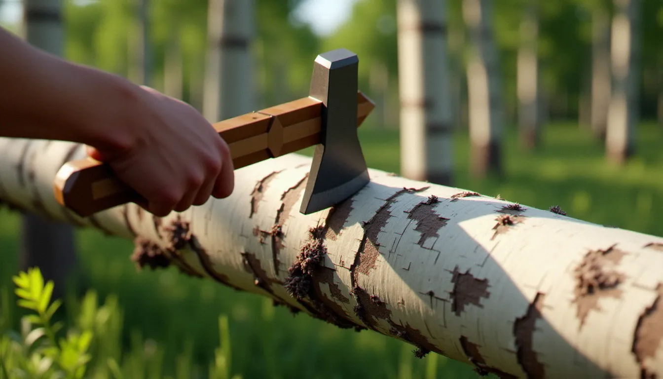 Joueur utilisant une hache en pierre pour obtenir du bois de bouleau sans écorce dans une forêt Minecraft, texture claire et uniforme révélée après épluchage