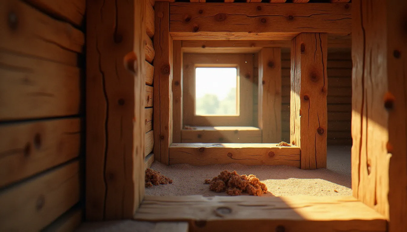 Blocs de bois sans écorce de chêne utilisés comme poutres structurelles dans une cabane rustique Minecraft, éclairage naturel et texture homogène bien visible
