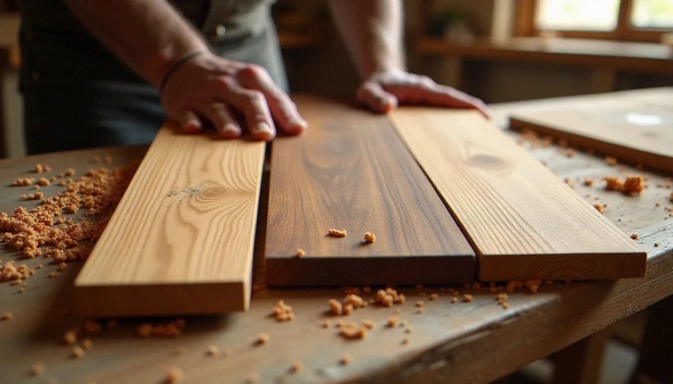 Comparaison de trois essences de bois naturel sans entretien pour terrasse posées sur un établi d'artisan : teck, ipé et robinier avec leurs grains caractéristiques