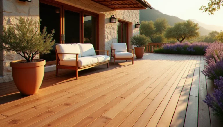 Terrasse en bois sans entretien avec lames d'ipé brun doré, mobilier blanc et végétation méditerranéenne sous soleil de fin de journée