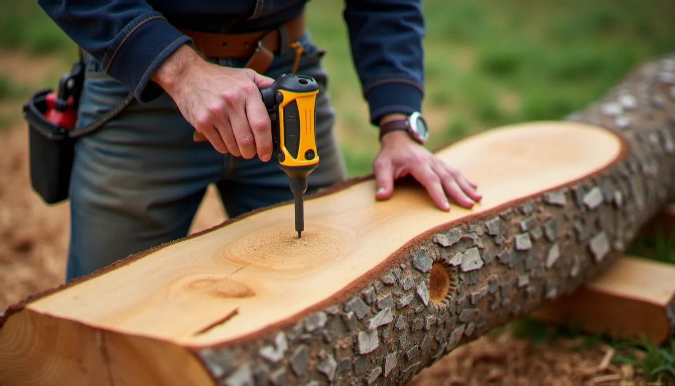 Artisan mesurant l'humidité d'un bois troisgros sans feuille avec un xylomètre, vérification qualité sur chantier en plein air