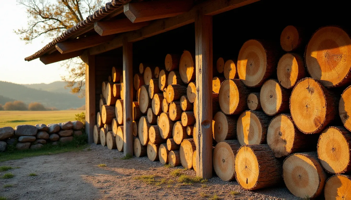 Stockage de bois troisgros fendu sous abri ouvert dans le Languedoc, rangées homogènes de bûches de gros calibre séchant à l'air libre