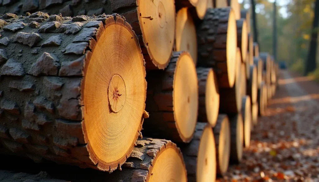 Gros bois sans feuille troisgros de chêne empilé en forêt, tronçons de fort diamètre prêts à être livrés, lumière naturelle de forêt