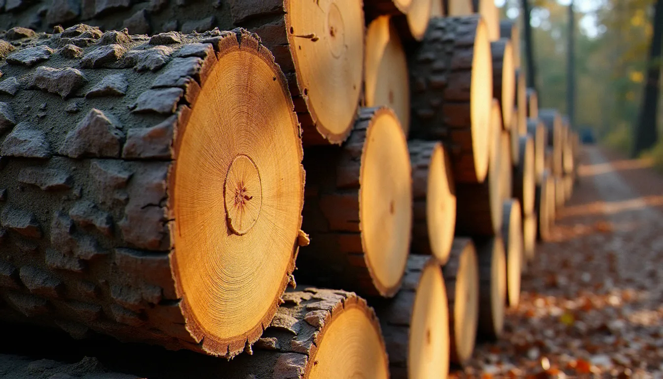 Gros bois sans feuille troisgros de chêne empilé en forêt, tronçons de fort diamètre prêts à être livrés, lumière naturelle de forêt