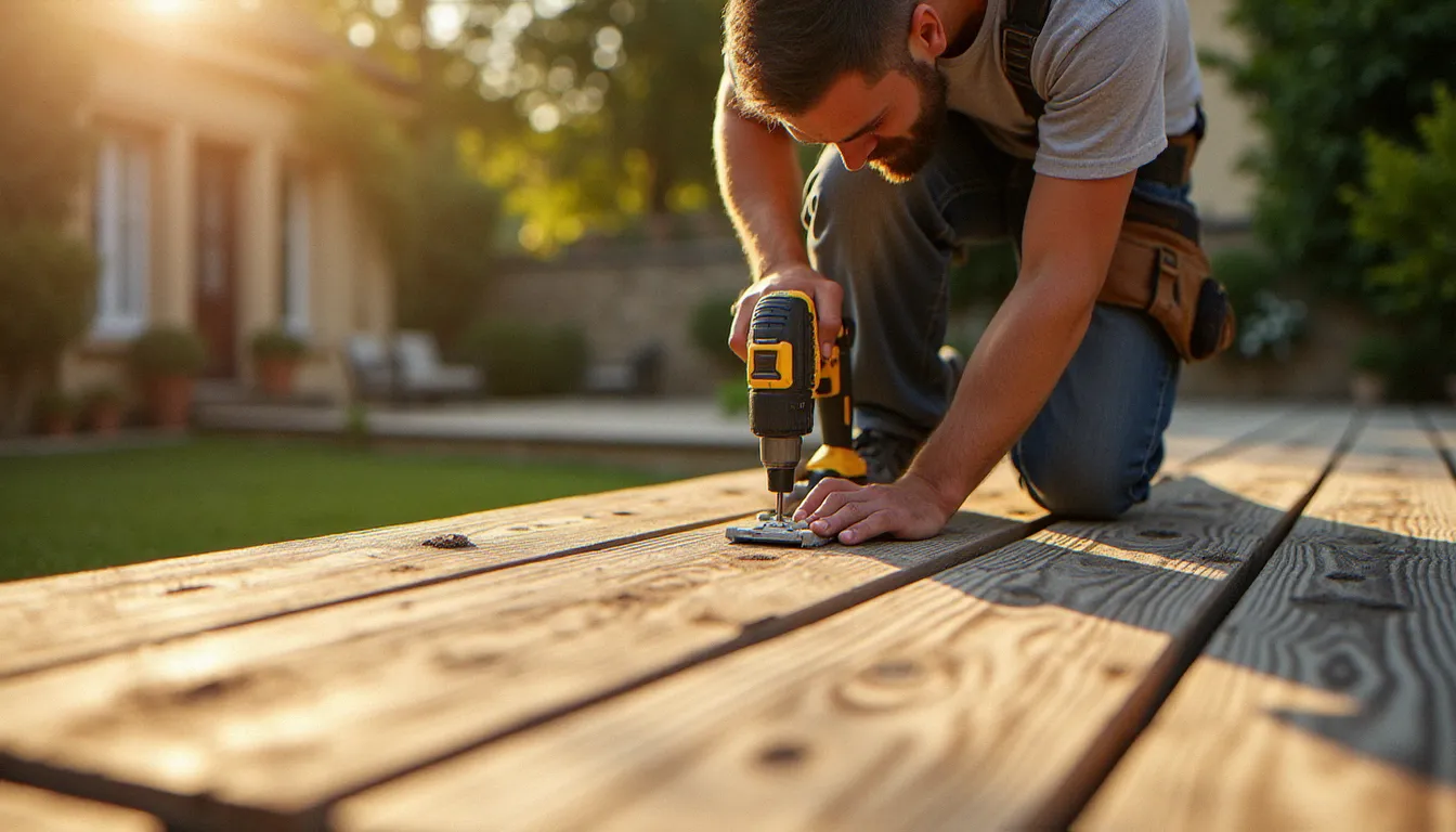 Artisan charpentier posant une terrasse en lames de robinier sur une propriété du sud de la France, démontrant l'utilisation concrète du bois sans soif dans les projets de construction extérieure