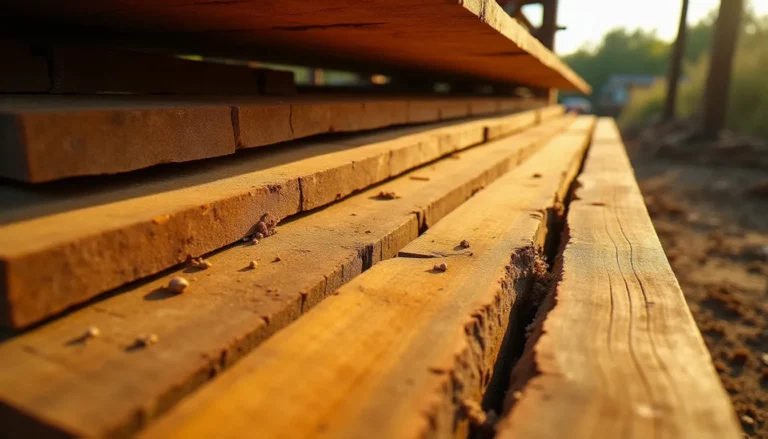 Planches de robinier fraîchement sciées empilées dans une scierie artisanale du sud de la France, illustrant le bois sans soif en 8 lettres et son grain caractéristique jaune-vert
