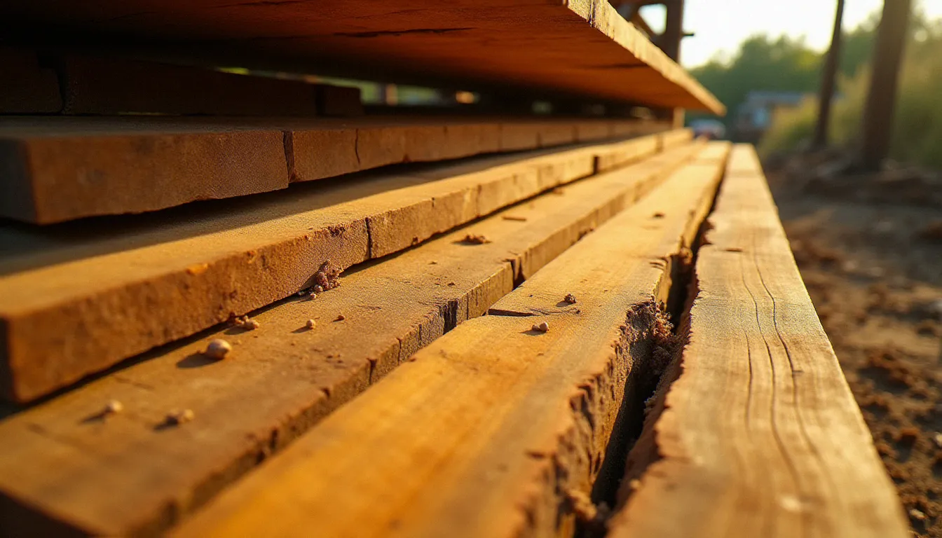 Planches de robinier fraîchement sciées empilées dans une scierie artisanale du sud de la France, illustrant le bois sans soif en 8 lettres et son grain caractéristique jaune-vert