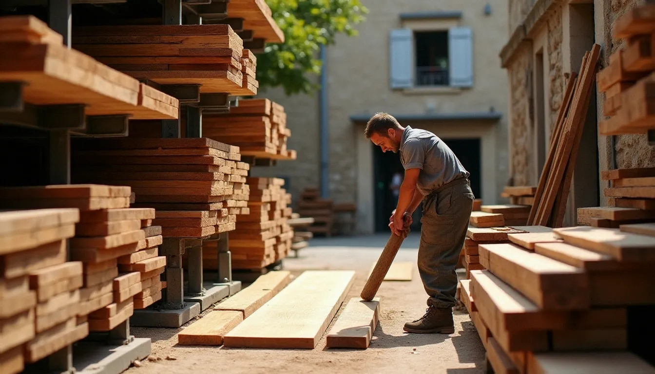 Artisan sélectionnant des essences de bois durable dans un négoce bois en Provence, pour des chantiers de terrasse et bardage extérieur