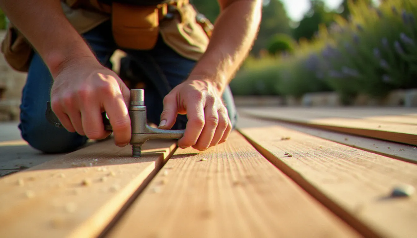 Pose d'une terrasse en bois dur durable avec système de fixation cachée en inox, chantier extérieur en Provence illustrant les techniques d'installation du bois sans soif Barbentane