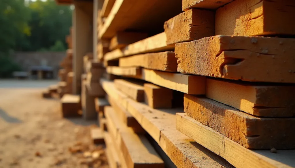 Planches de robinier sans soif empilées dans un chantier de bois de la région de Barbentane, illustration du bois sans soif Barbentane disponible localement
