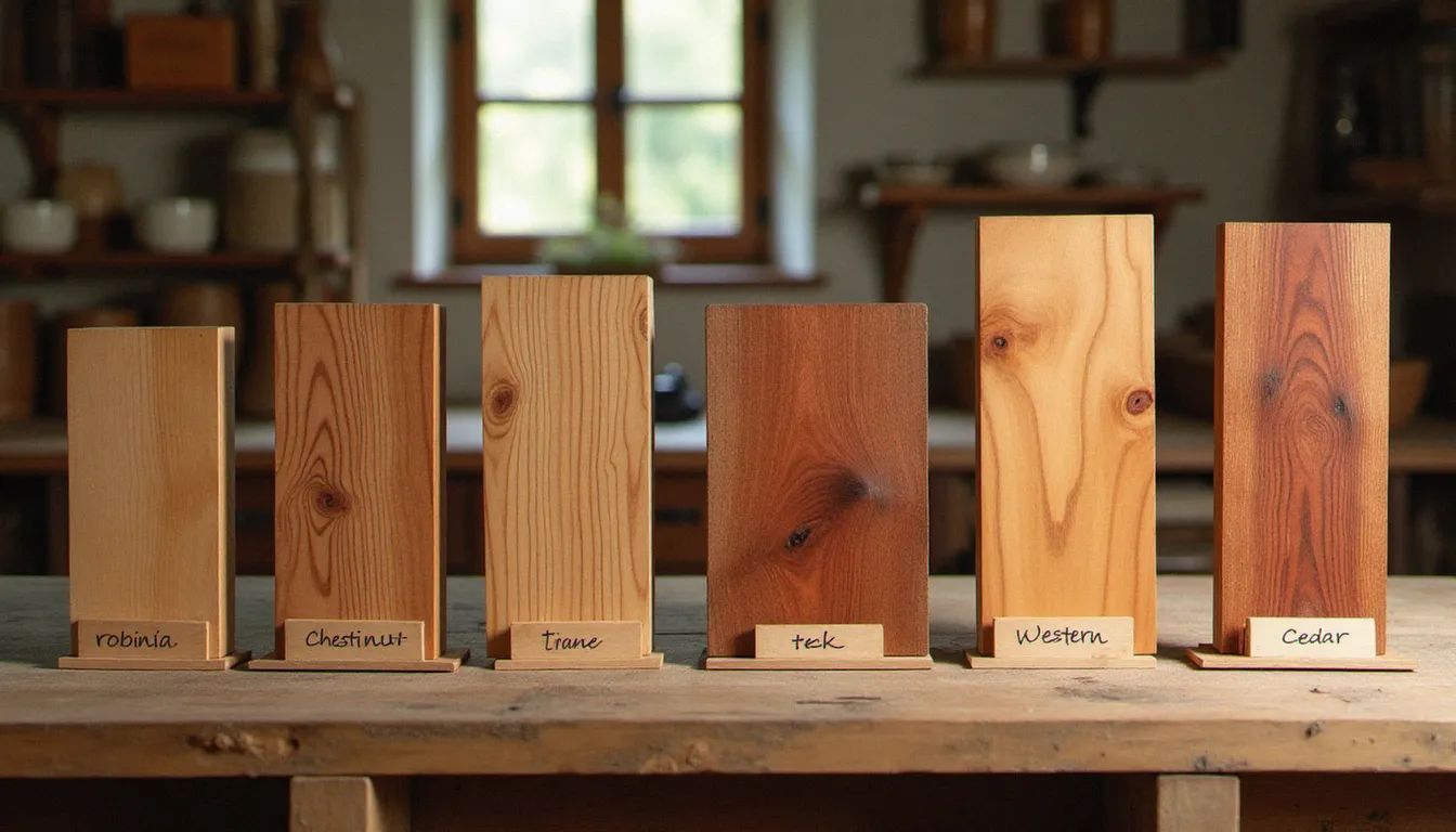 Échantillons comparatifs d'essences de bois sans soif classées par durabilité naturelle selon la méthode François Perrin, posés sur un établi d'atelier