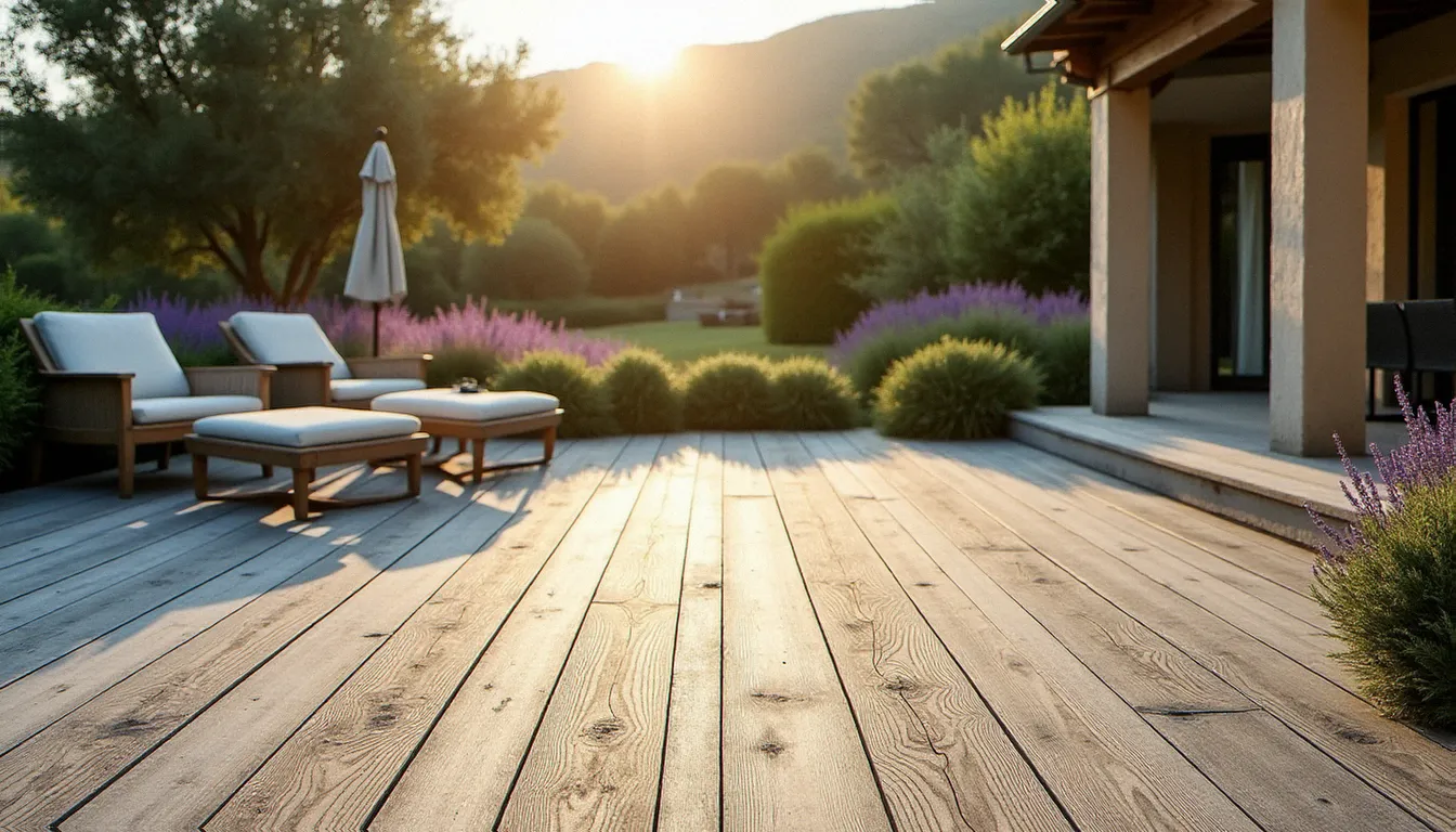 Terrasse en robinier ayant développé sa patine grise naturelle après plusieurs années sans entretien, illustration de la résistance aux intempéries du bois sans soif François Perrin