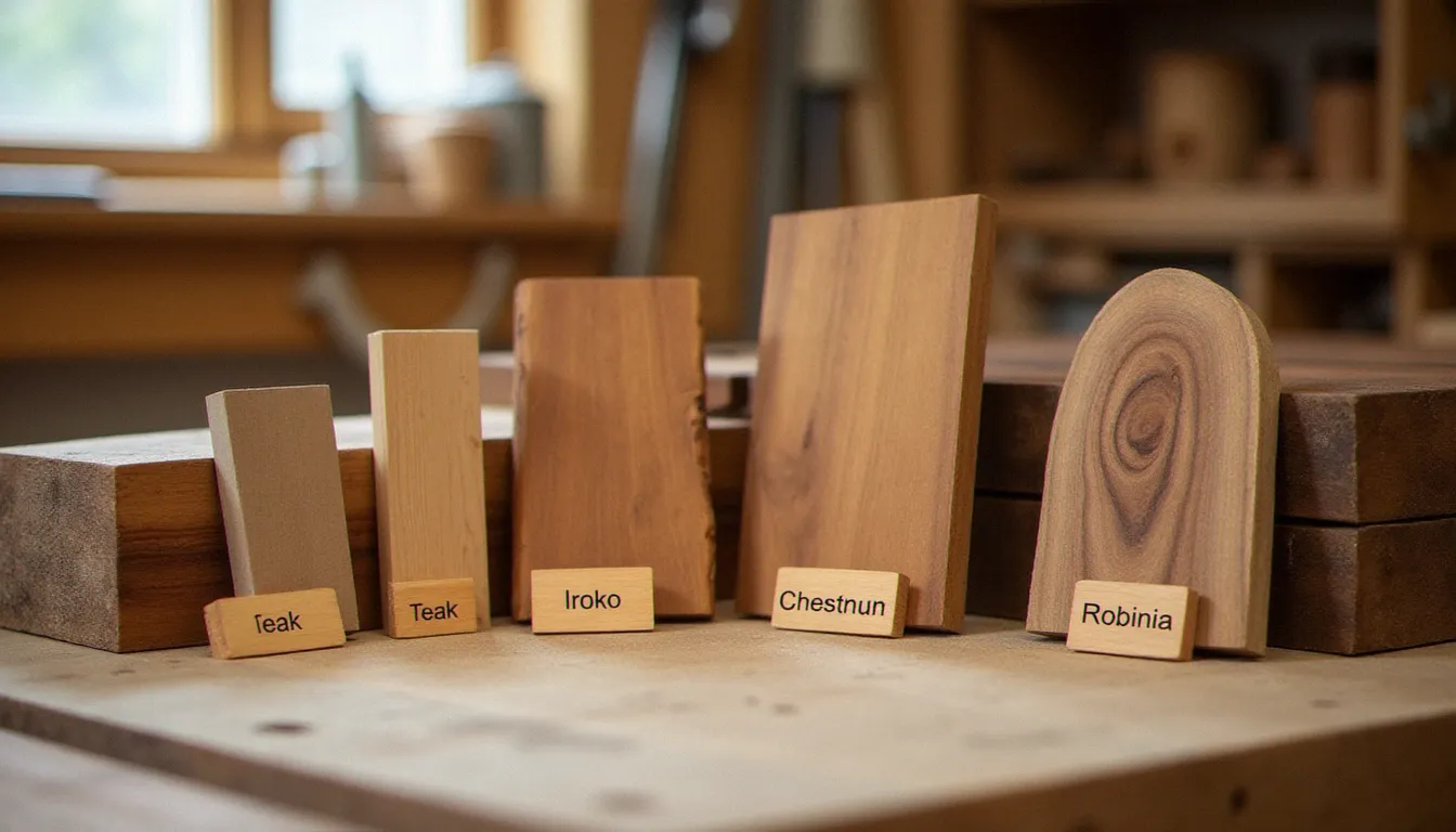 Sélection de différentes essences de bois sans soif posées sur un établi d'artisan, dont le teck, l'iroko et le châtaignier