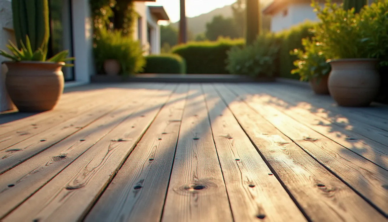 Terrasse en bois teck ayant développé sa patine grise argentée naturelle après des années d'exposition extérieure sans traitement