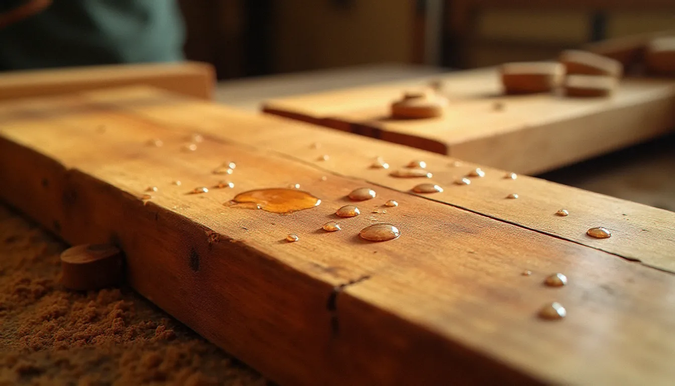 Planche de bois teck avec des gouttes d'eau perlant à la surface, illustrant les propriétés naturelles du bois sans soif