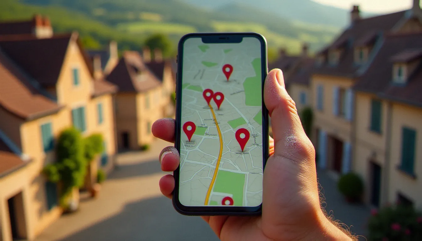 Main d'artisan tenant un smartphone affichant une carte de géolocalisation pour trouver une boisson artisanale autour de lui dans le sud de la France