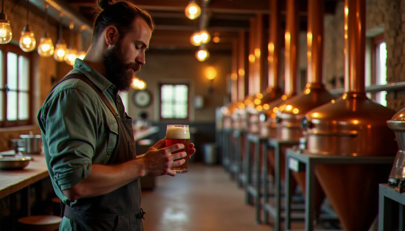 Brasseur artisan examinant un verre de bière ambrée devant ses cuves de brassage en cuivre dans une micro-brasserie du Languedoc