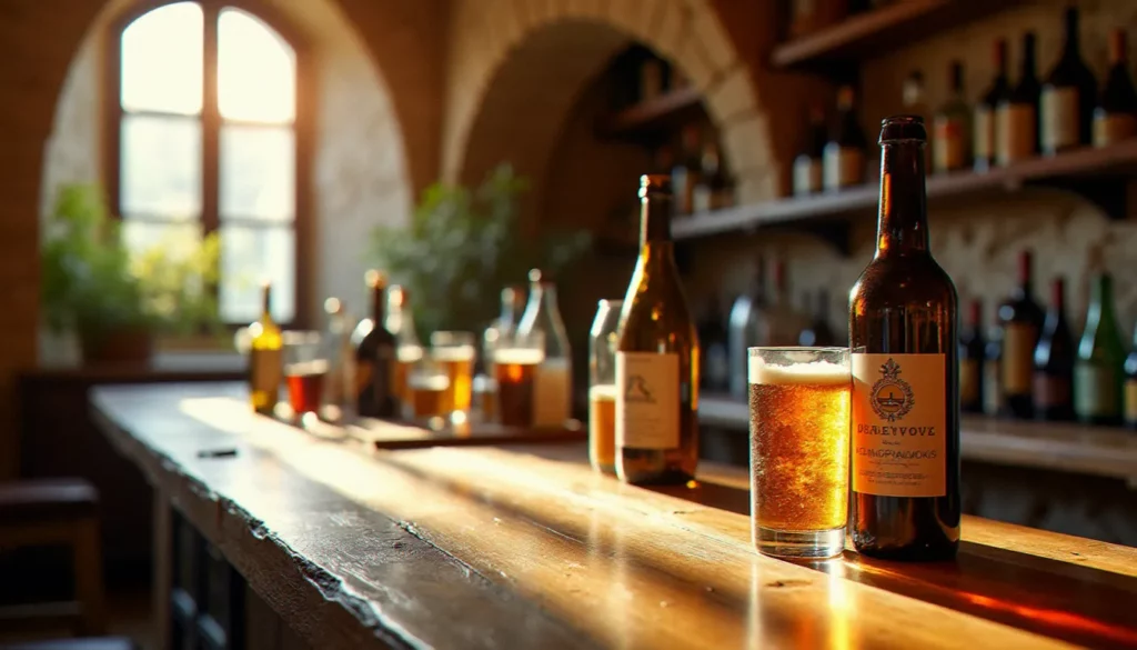 Comptoir en bois d'une cave à vins artisanale dans l'Hérault avec des bouteilles de boisson locale disposées sur un plan de travail en chêne brut
