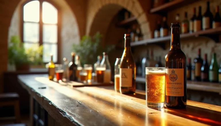 Comptoir en bois d'une cave à vins artisanale dans l'Hérault avec des bouteilles de boisson locale disposées sur un plan de travail en chêne brut