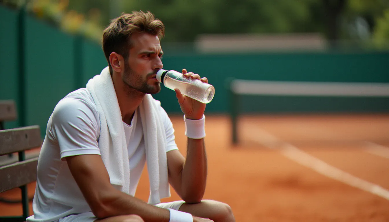 Joueur de tennis en pause qui boit une boisson isotonique sur un court en terre battue pendant un changement de côté