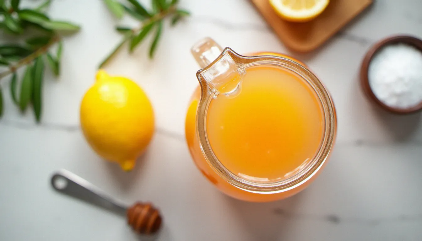 Préparation d'une boisson de tennis maison isotonique avec jus d'orange, sel et miel posés sur un plan de travail de cuisine
