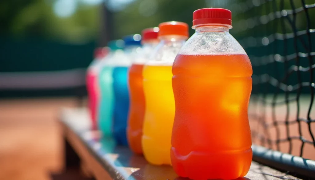 Classement de boissons isotoniques alignées sur un banc de court de tennis en terre battue, représentant le choix de boisson tennis classement