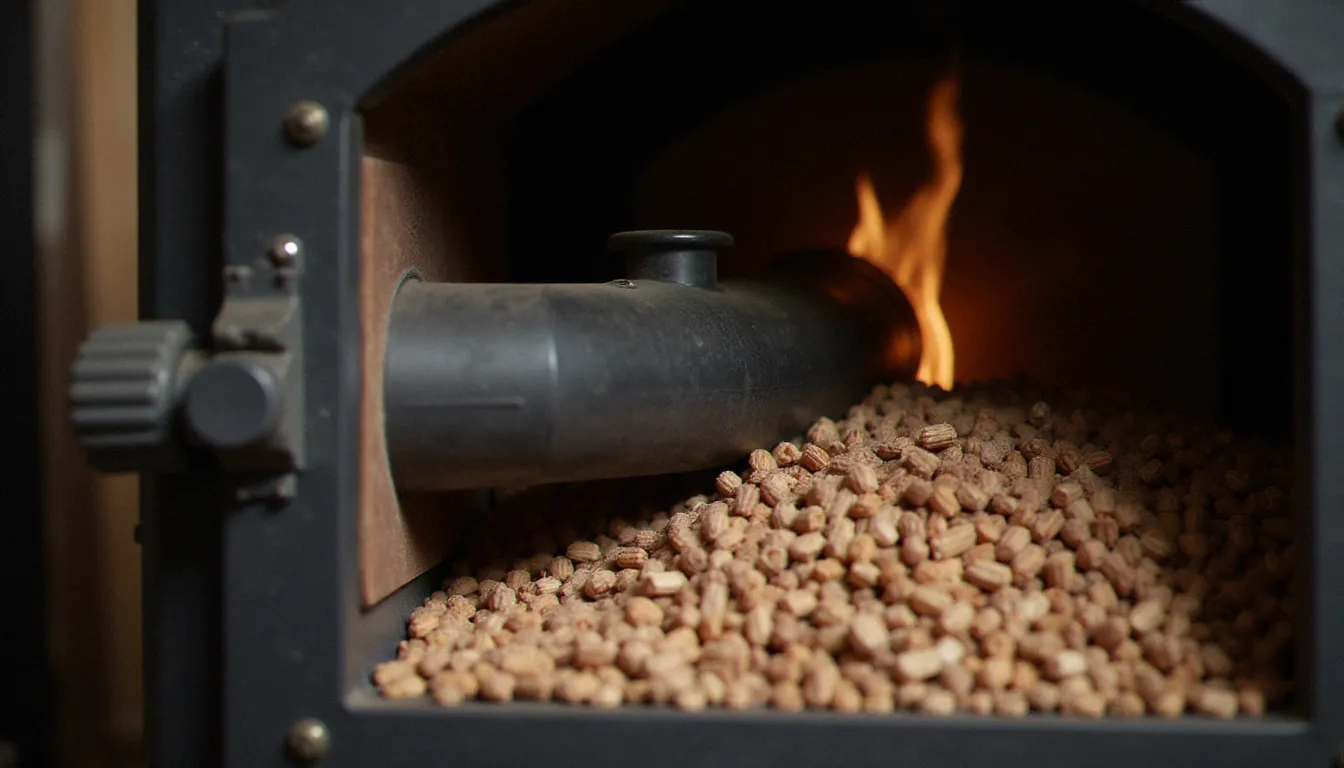 Mécanisme intérieur d'un poêle à granulés : vis sans fin et brûleur rempli de pellets de bois en gros plan