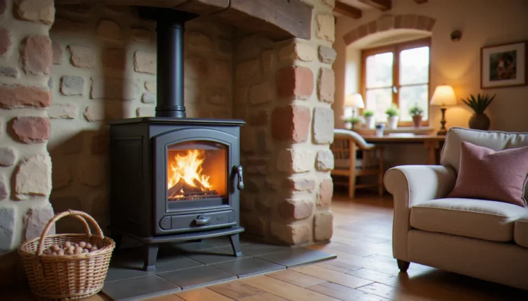Comparatif poêle à pellet : modèle moderne installé dans un salon de mas en pierre du Languedoc avec panier de granulés au premier plan