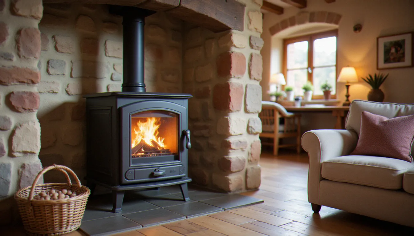 Comparatif poêle à pellet : modèle moderne installé dans un salon de mas en pierre du Languedoc avec panier de granulés au premier plan