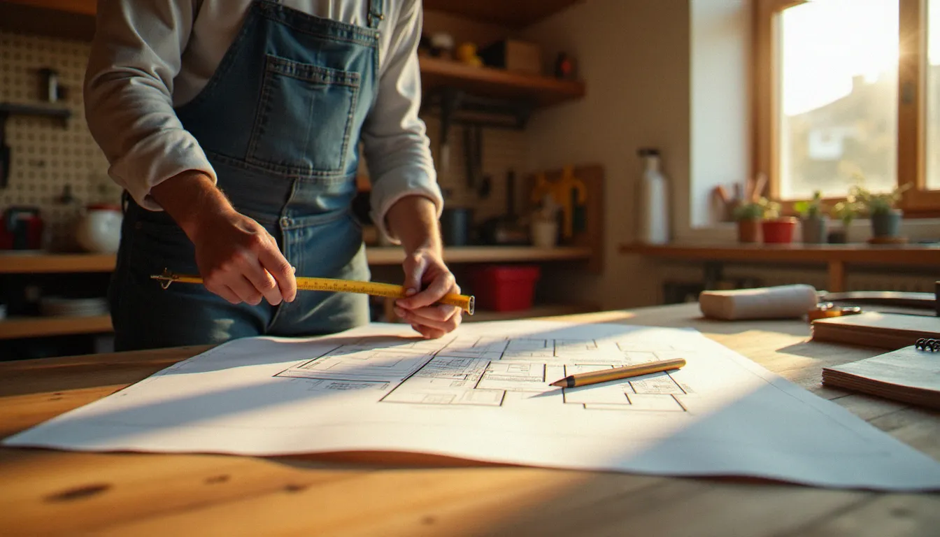 Calcul de la puissance nécessaire pour un poêle à granulés selon la surface du logement, plan de maison sur établi en bois avec notes manuscrites