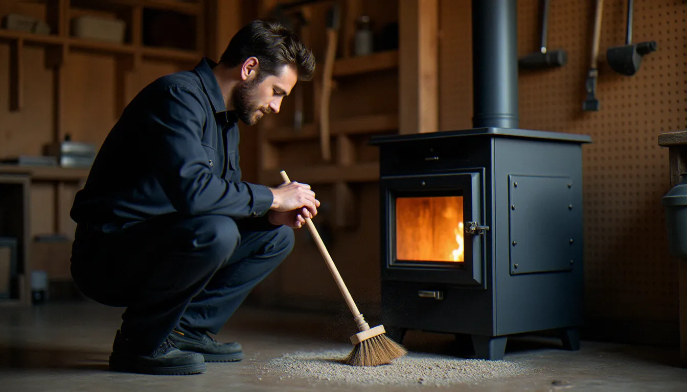 Technicien professionnel effectuant l'entretien annuel d'un poêle à granulés, nettoyage minutieux de la chambre de combustion dans un atelier en bois