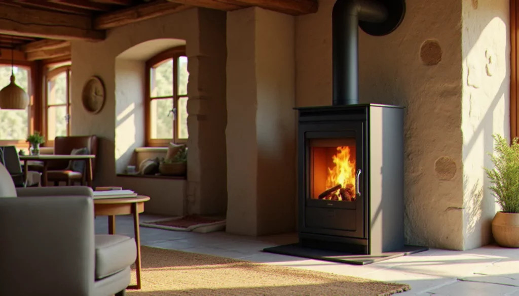 Comparatif poêle granulés : modèle moderne à pellets allumé dans un salon rustique français avec murs en pierre et poutres en bois apparentes