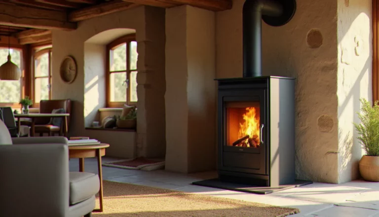 Comparatif poêle granulés : modèle moderne à pellets allumé dans un salon rustique français avec murs en pierre et poutres en bois apparentes