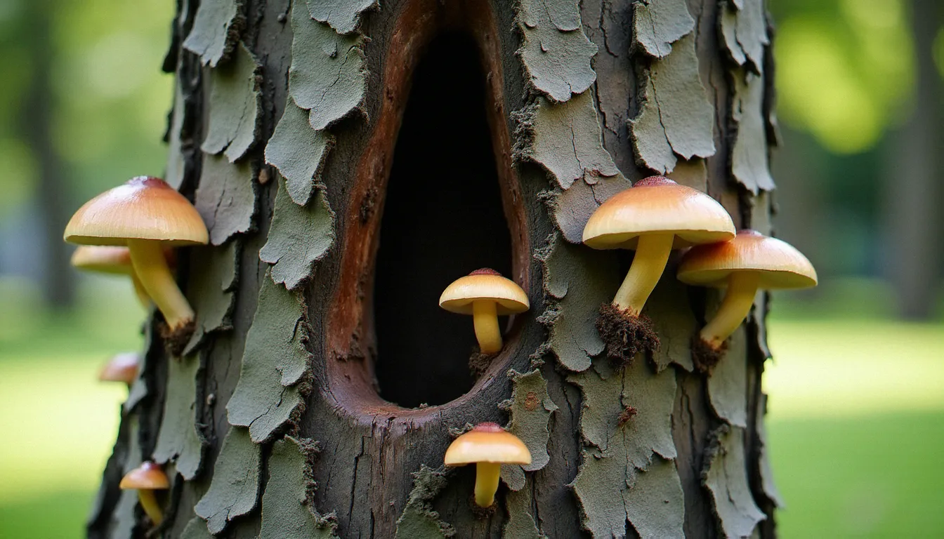 Tronc d'arbre malade avec champignons lignicoles et écorce décollée révélant une pourriture interne, signes caractéristiques d'un arbre dangereux en milieu forestier urbain