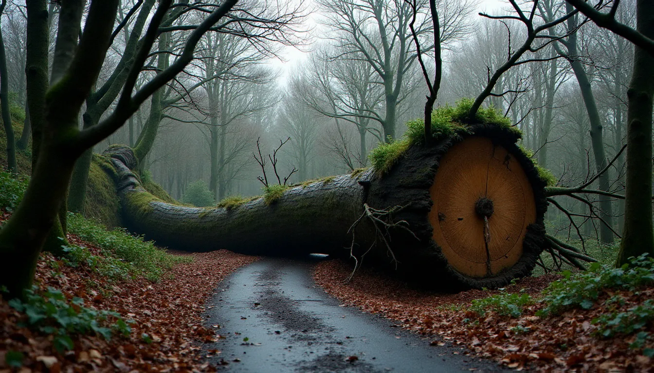 Arbre déraciné par une tempête avec motte racinaire arrachée bloquant un chemin forestier, branches brisées au sol illustrant les dangers amplifiés après des vents violents dans le bois