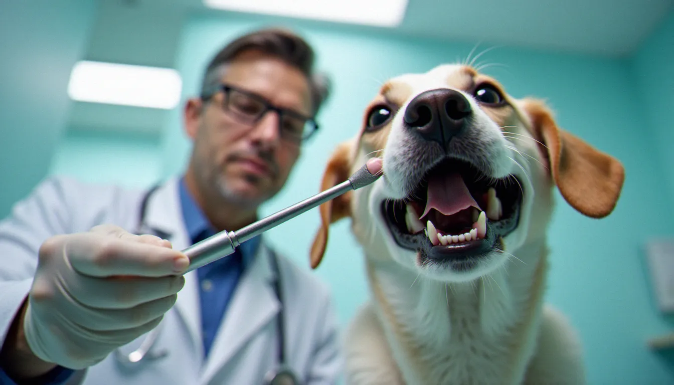 Vétérinaire examinant la dent fracturée d'un chien suite à la mastication d'un objet trop dur
