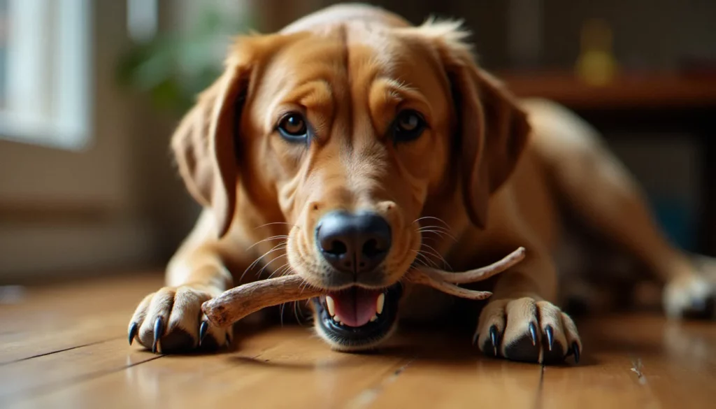 Chien labrador mâchant un bois de cerf illustrant le danger bois de cerf chien pour les dents