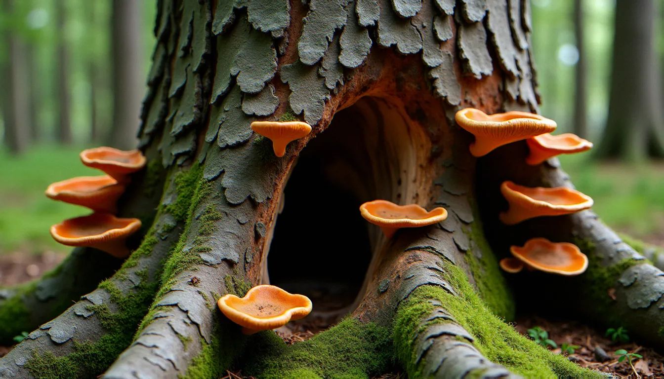 Gros plan sur un tronc d'arbre présentant des fissures profondes et des champignons lignicoles, signes visibles de dépérissement et de danger potentiel de chute