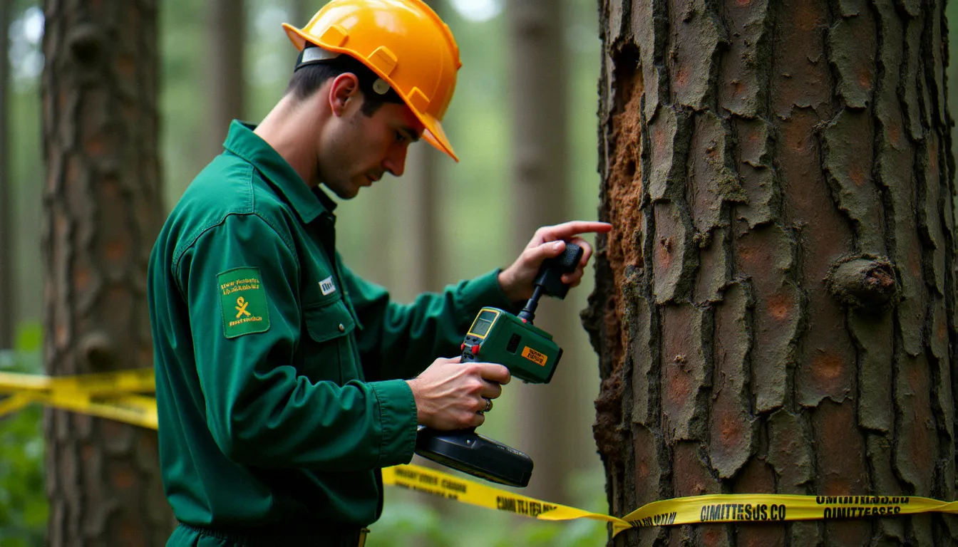 Agent ONF utilisant un résistographe pour évaluer la solidité interne d'un arbre en forêt périurbaine dans le cadre de la gestion sécuritaire du bois de Vincennes