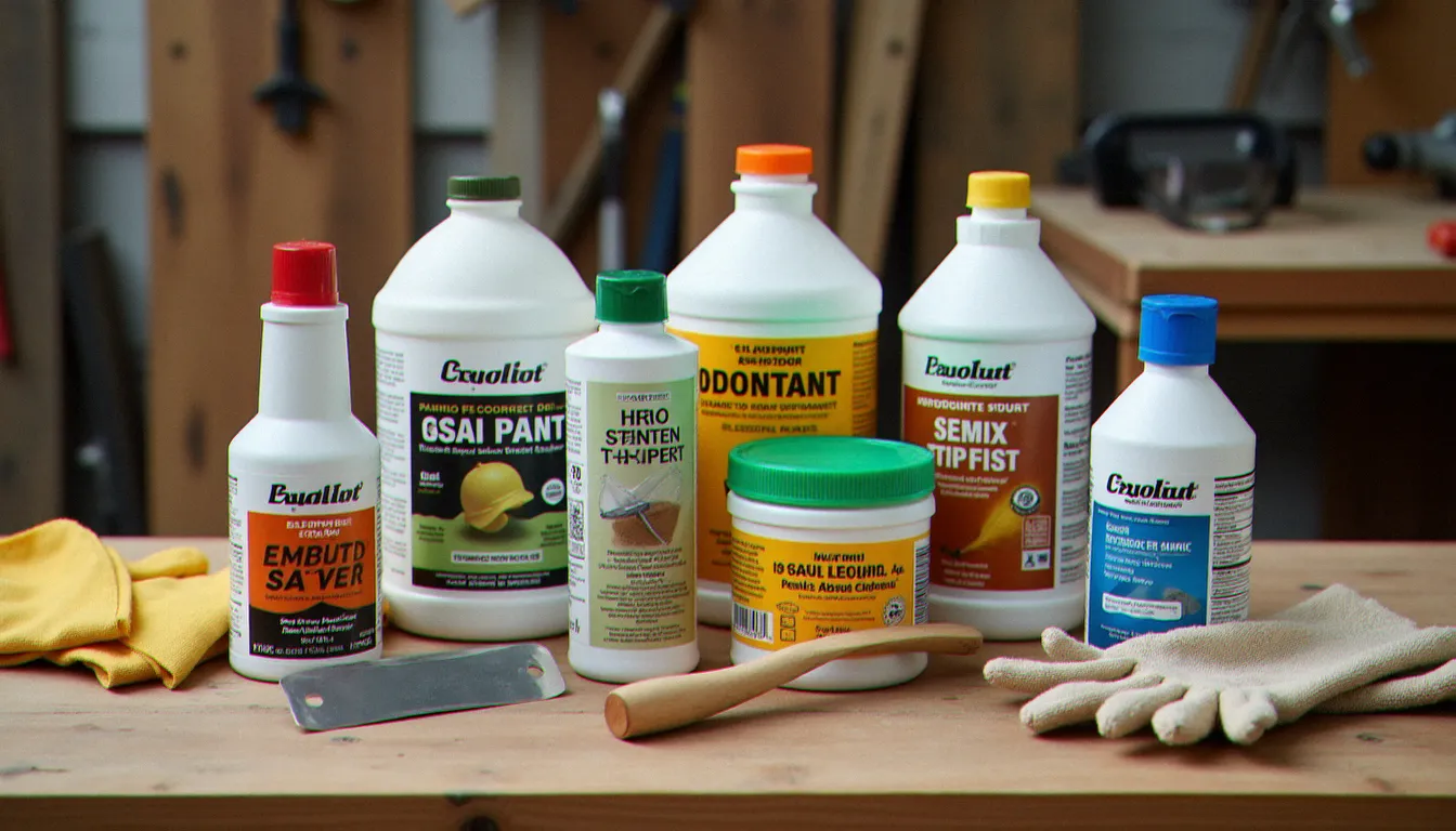 Comparatif de différents types de décapants peinture bois posés sur un établi avec outils de protection
