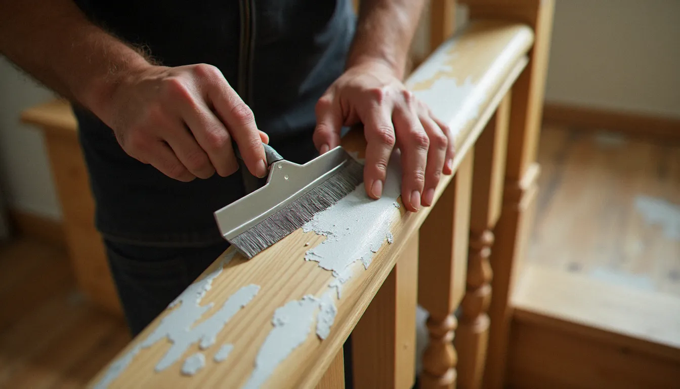 Artisan grattant la peinture ramollie sur une rampe d'escalier en chêne après application d'un décapant efficace, révélant le bois naturel