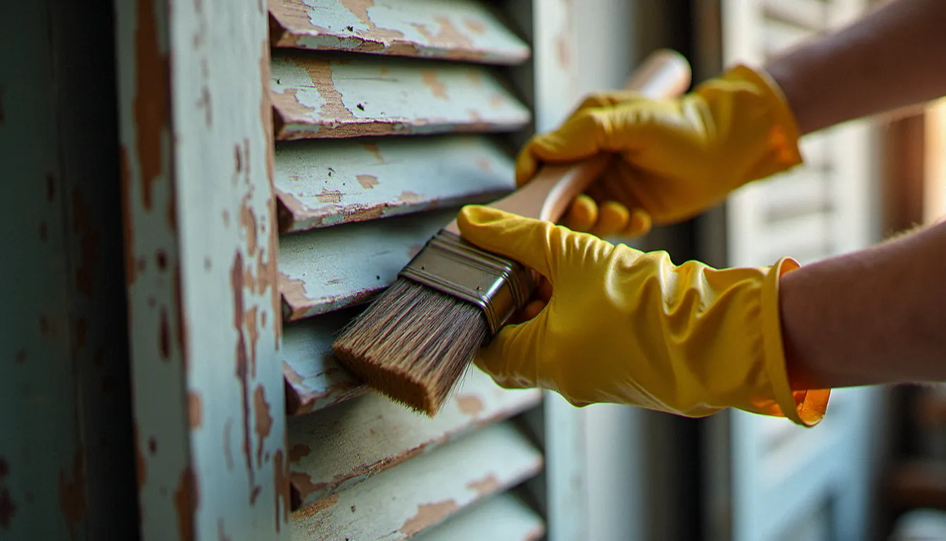 Artisan appliquant un décapant peinture bois efficace en gel sur un volet en bois avec plusieurs couches de peinture écaillée